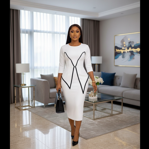 Monochrome Lines Midi Dress – Model Shot