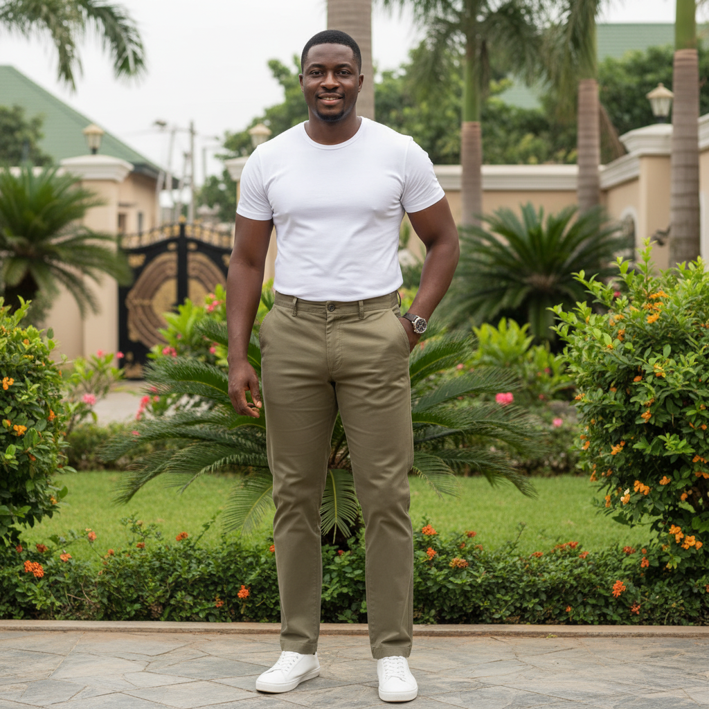 Nigerian male model wearing men's olive green chinos trousers