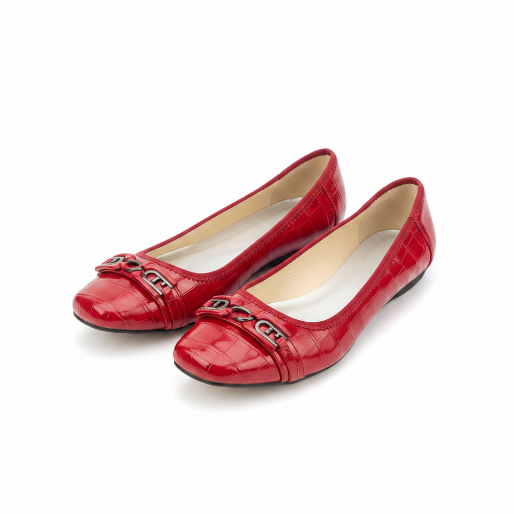 Women's red croc flat pumps with bar buckle – ghost mannequin pair