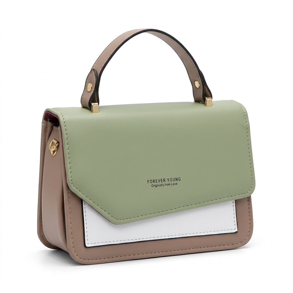 Sage-green white and taupe colour-block handbag on white