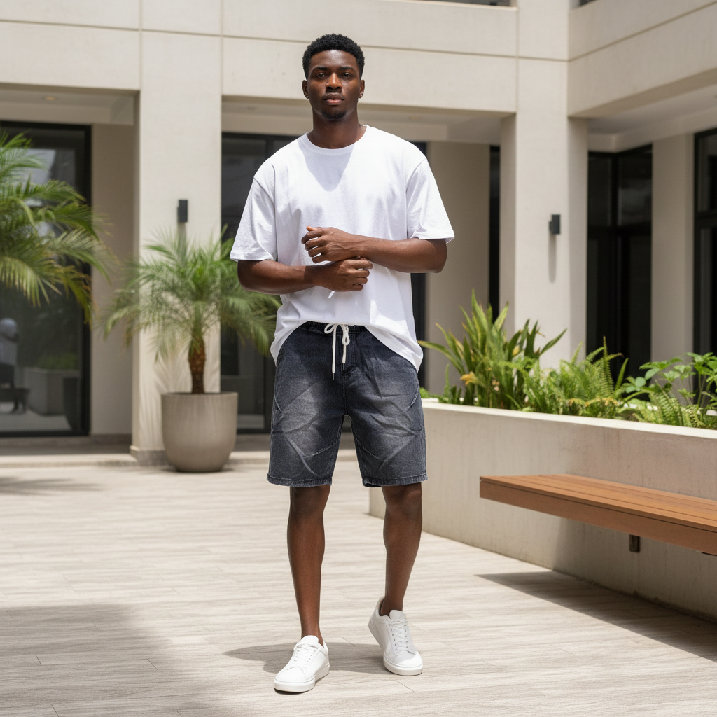 Dark wash denim drawstring shorts worn by male model