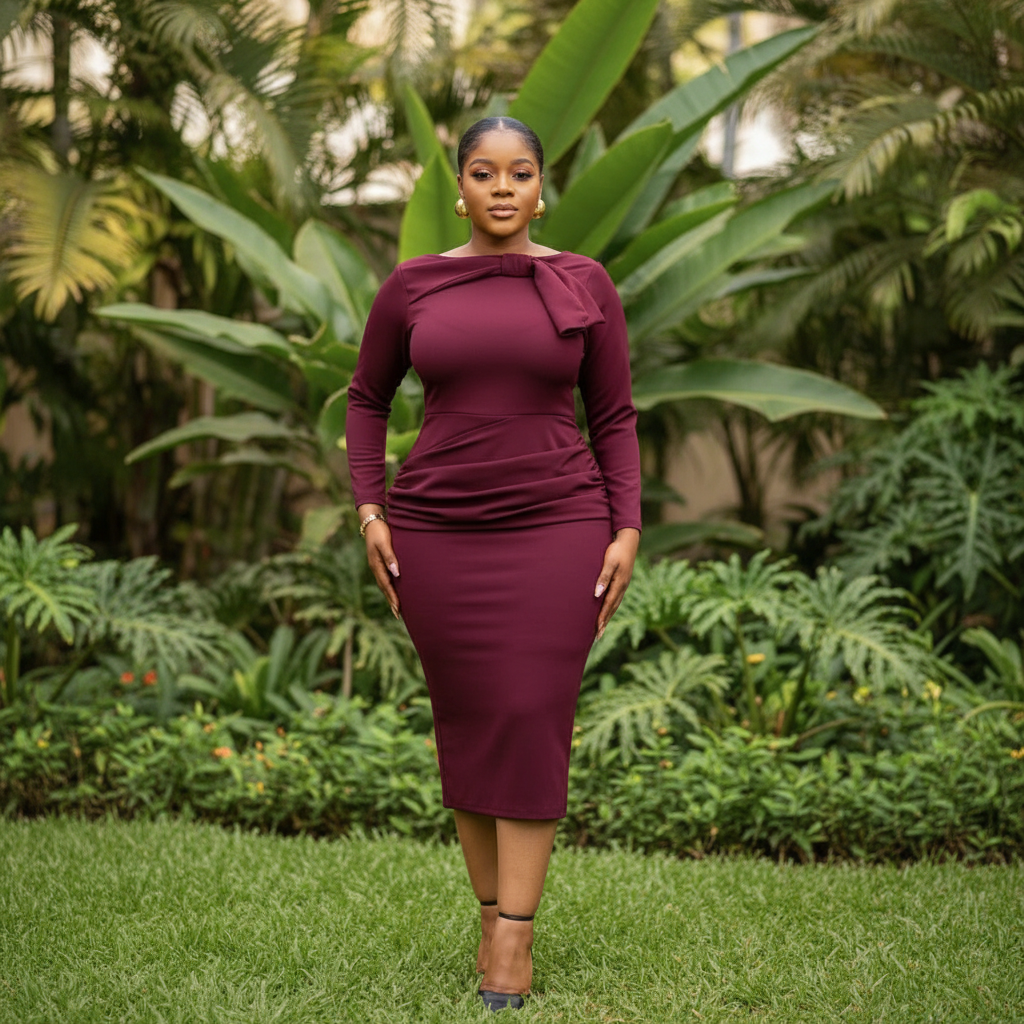 Nigerian female model wearing burgundy bow-neck bodycon midi dress