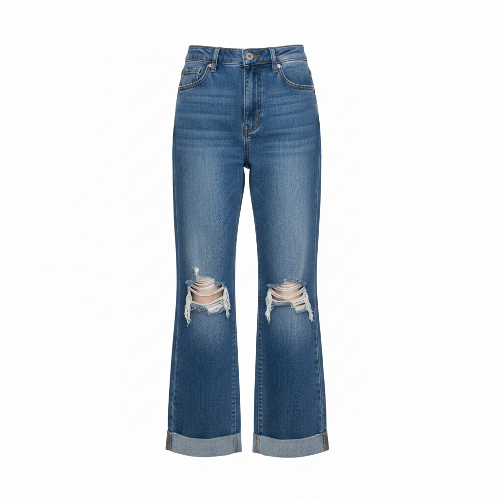 Medium Blue Wide-Leg Distressed Ripped Jeans - Ghost Mannequin Front View