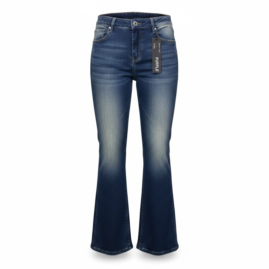 Ghost mannequin of dark navy washed flared jeans