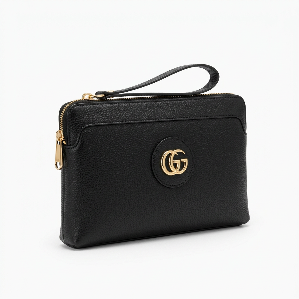 Plain textured black men's wristlet clutch with gold-tone emblem on white