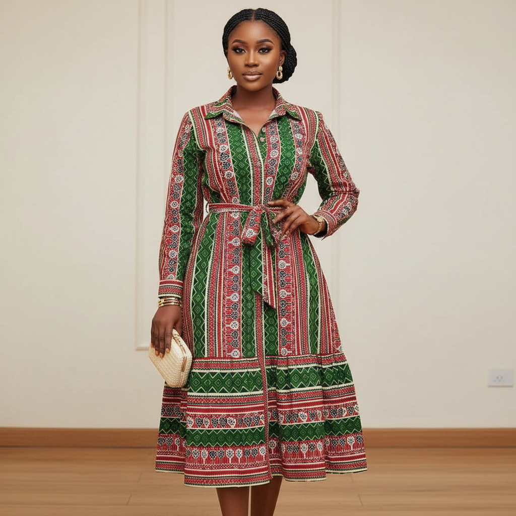 Boho Ethnic Stripe Belted Midi Shirt Dress – Model Shot