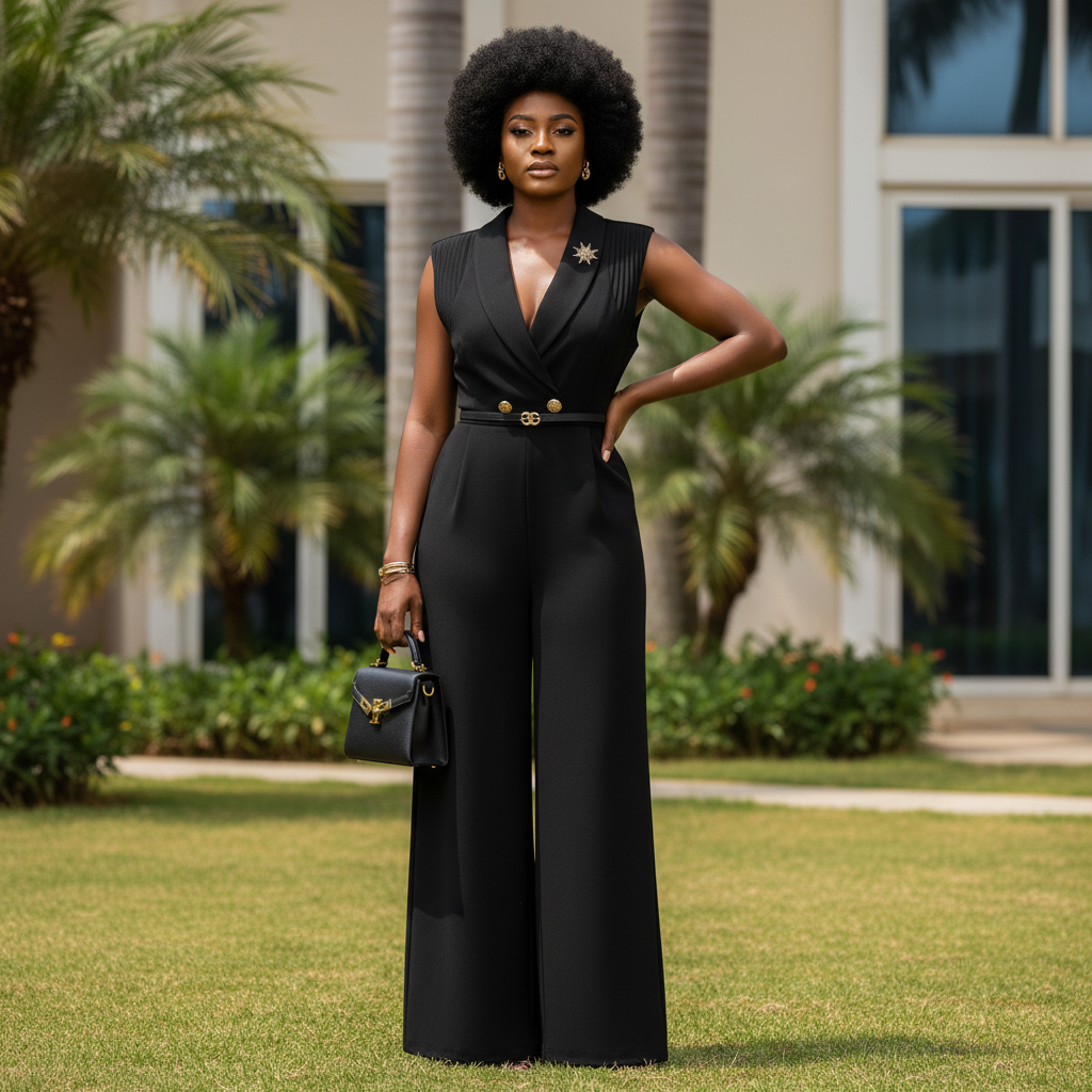 Black Sleeveless Wide-Leg Belted Jumpsuit - Front Model View