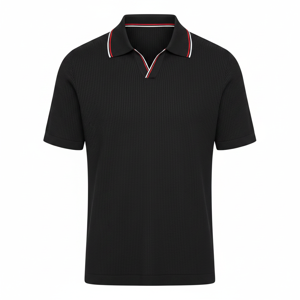Black Ribbed Knit Red-White Tipped Polo Shirt - Ghost Mannequin
