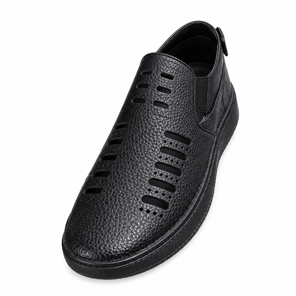 Black textured closed-toe slip-on shoe with cutout details