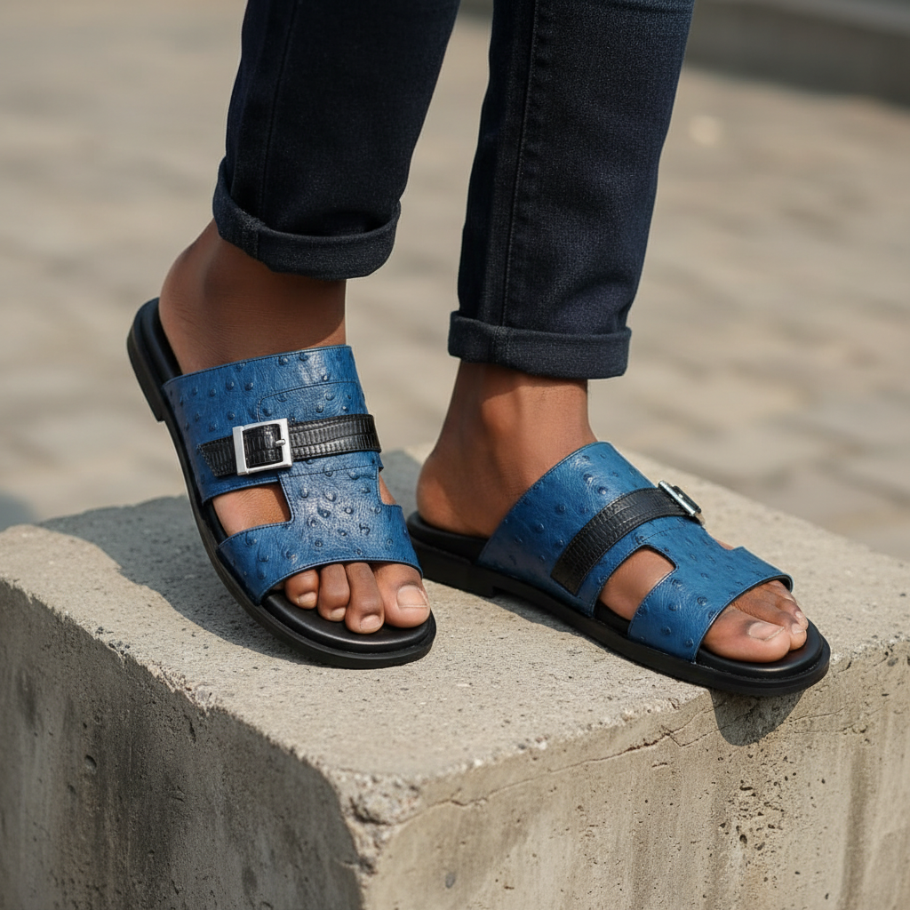 Leg focus shot of men's cobalt blue ostrich H-strap leather flat slide sandals on Nigerian male model