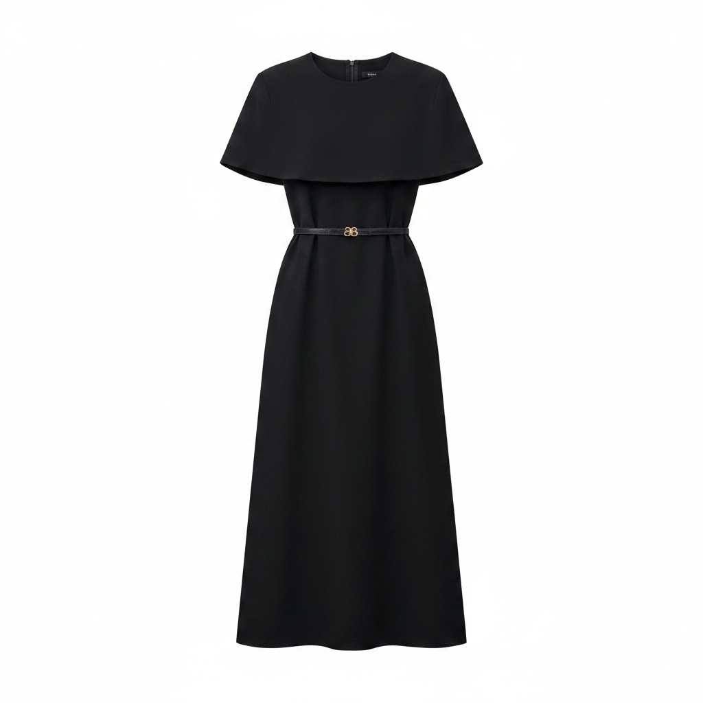 Women's cape-overlay belted midi dress in black – ghost mannequin front view