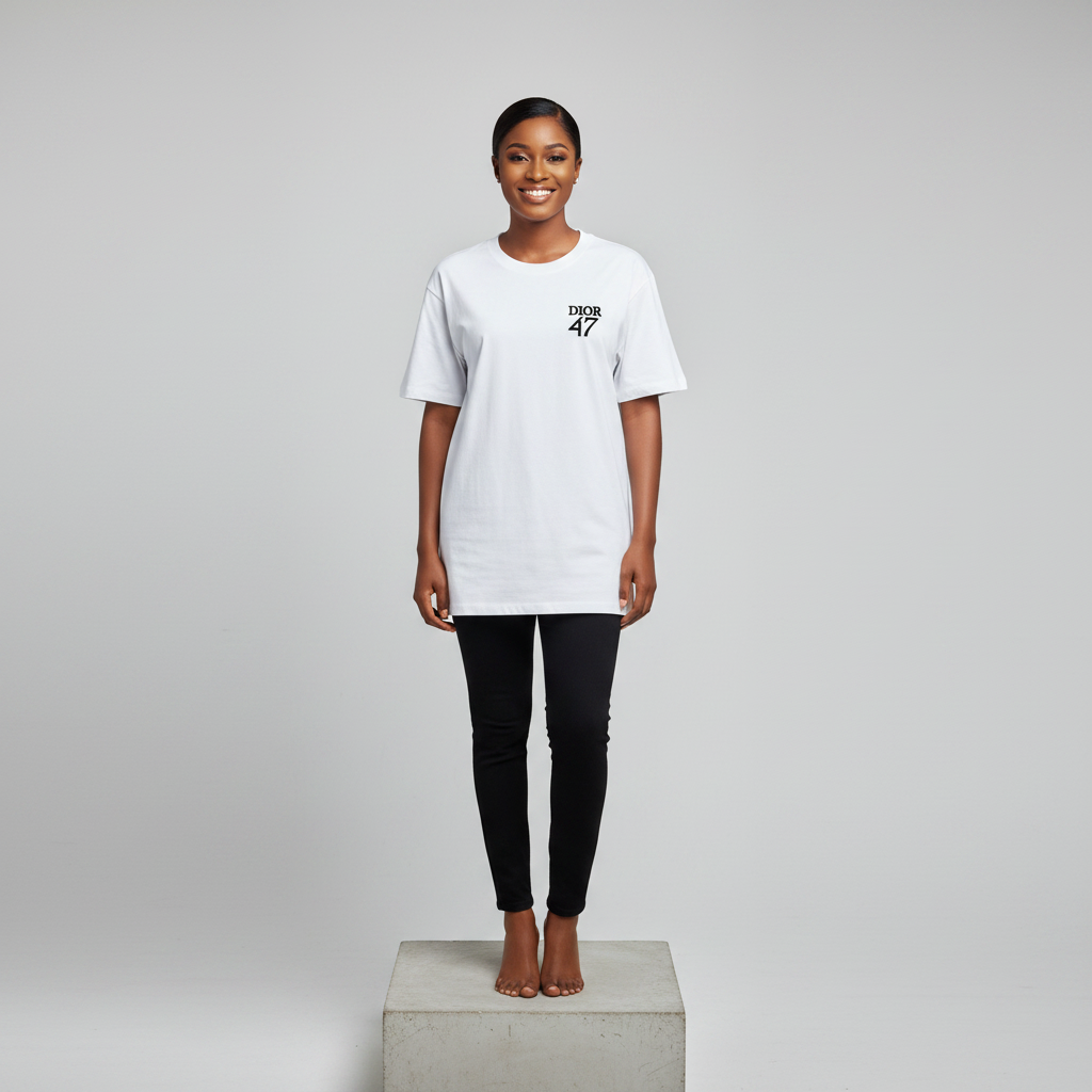 Nigerian female model front view wearing white small chest text number T-shirt