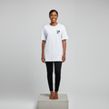 Nigerian female model front view wearing white small chest text number T-shirt