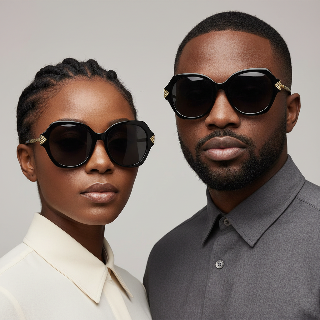 Nigerian female and male models wearing oversized round black sunglasses with gold detail
