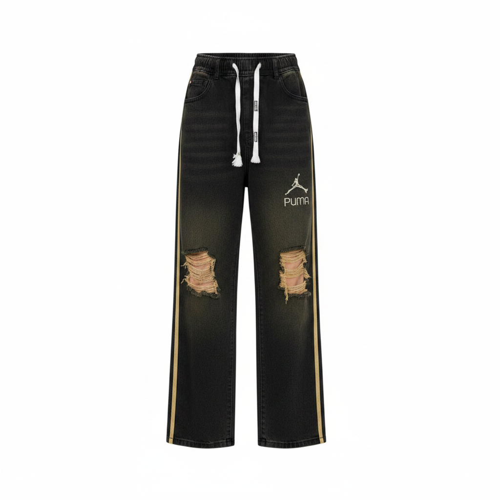 Men's black washed ripped wide-leg denim jeans with gold side stripe ghost mannequin view