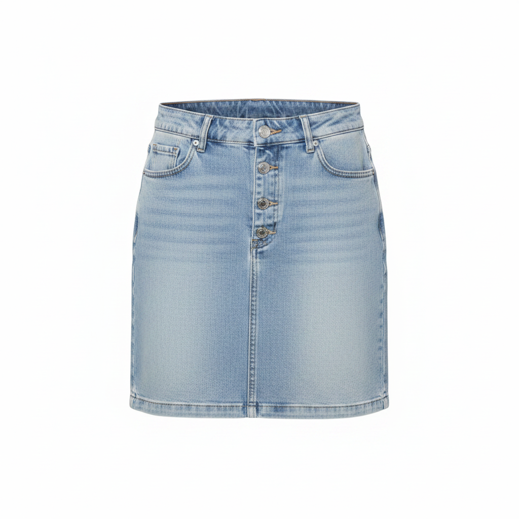 Light Blue Washed Button-Front Denim Mini Skirt - Ghost Mannequin Front