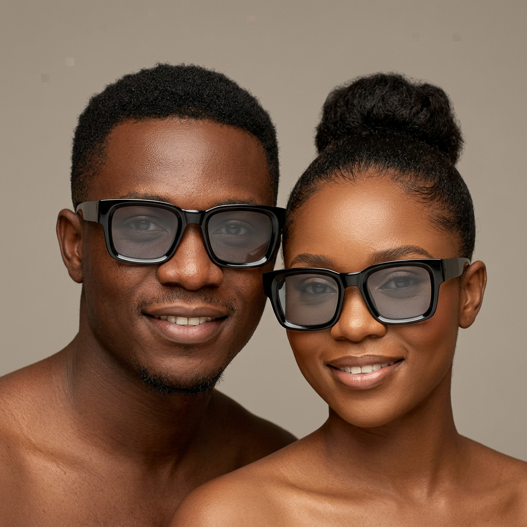 AI-generated adults wearing black square sunglasses