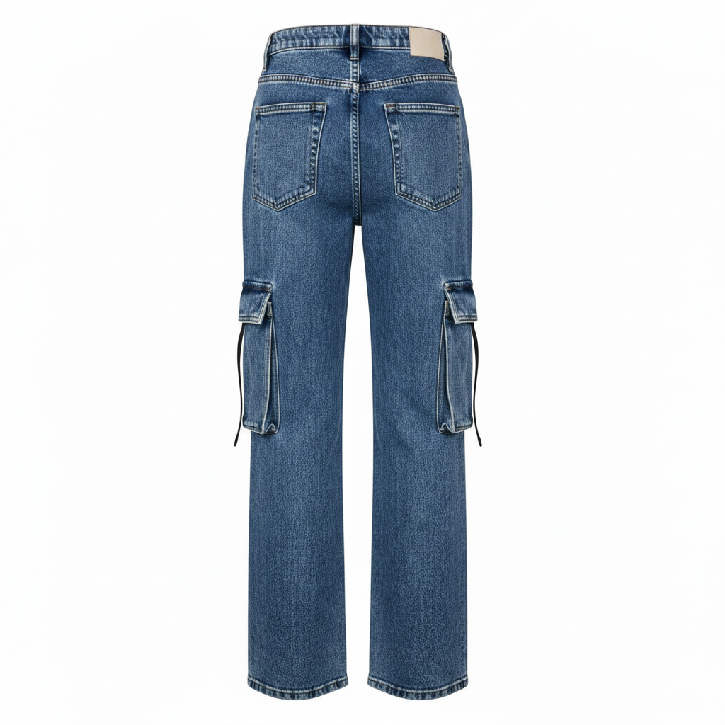 Blue Acid Wash High-Waist Wide-Leg Cargo Jeans – Ghost Mannequin Back