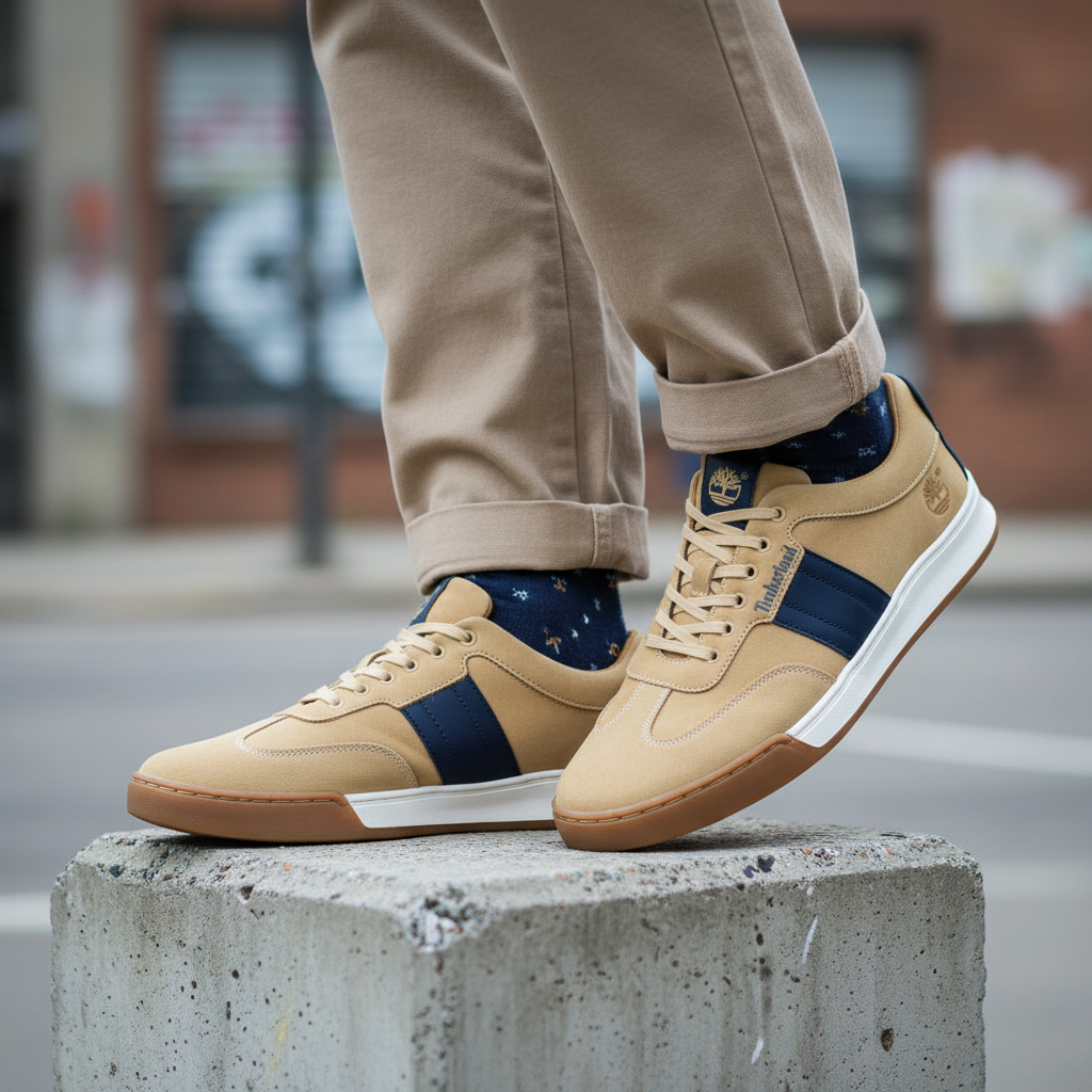 Model wearing wheat suede lace-up sneakers with navy stripe panel leg shot
