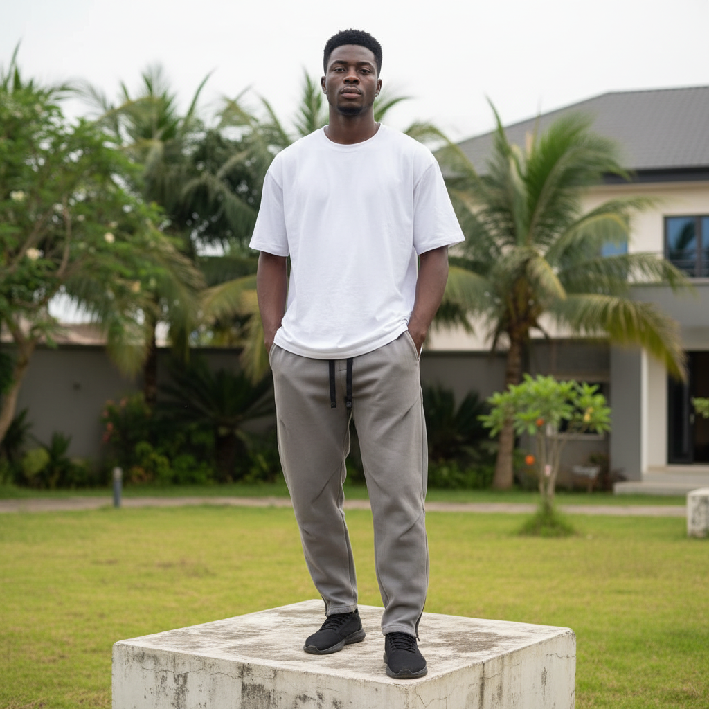 Nigerian male model wearing grey drawstring jogger pants streetwear outdoor