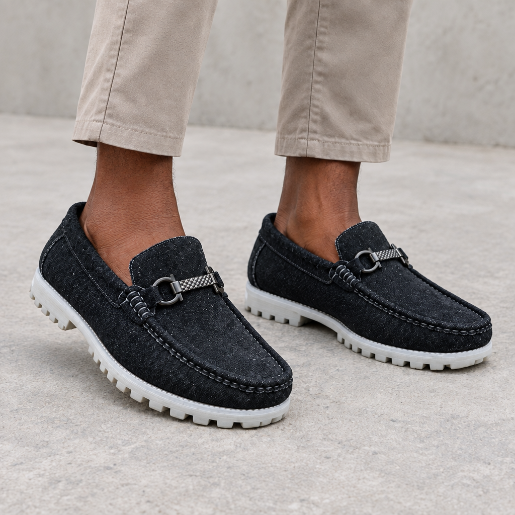 Black textured loafers with silver-tone hardware, worn on both feet