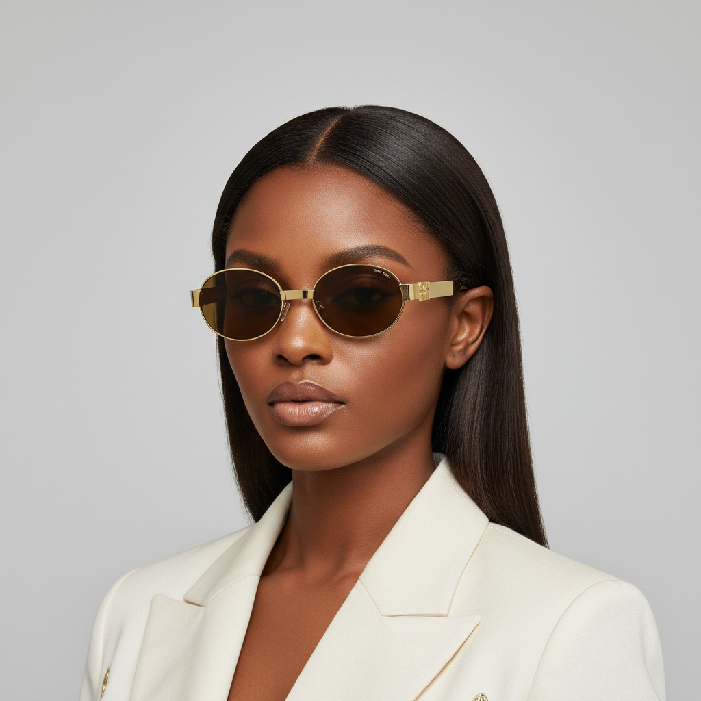 Nigerian female model with sleek weavon wearing oval gold frame brown lens sunglasses – editorial medium shot professional grey background