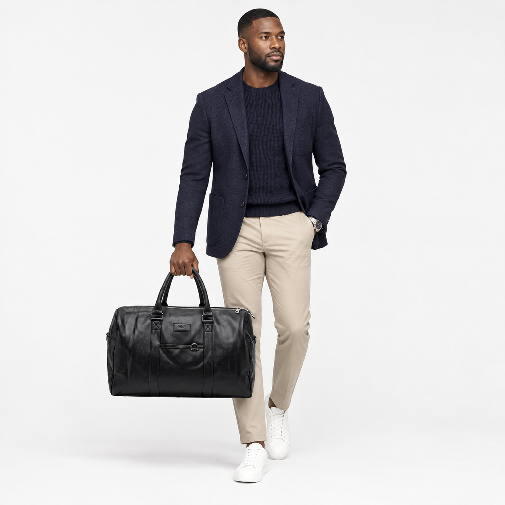 Man carrying black twin-handle duffle bag on plain studio background