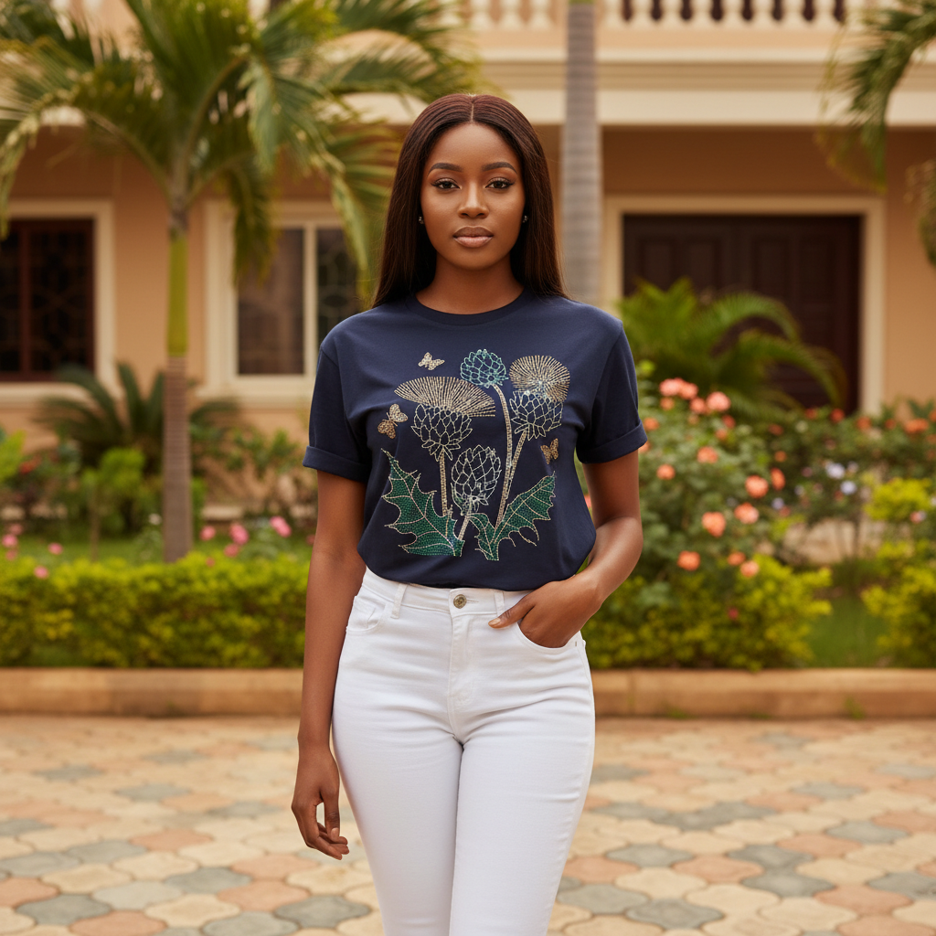 Women's navy rhinestone crystal botanical thistle butterfly crew neck tee - model shot