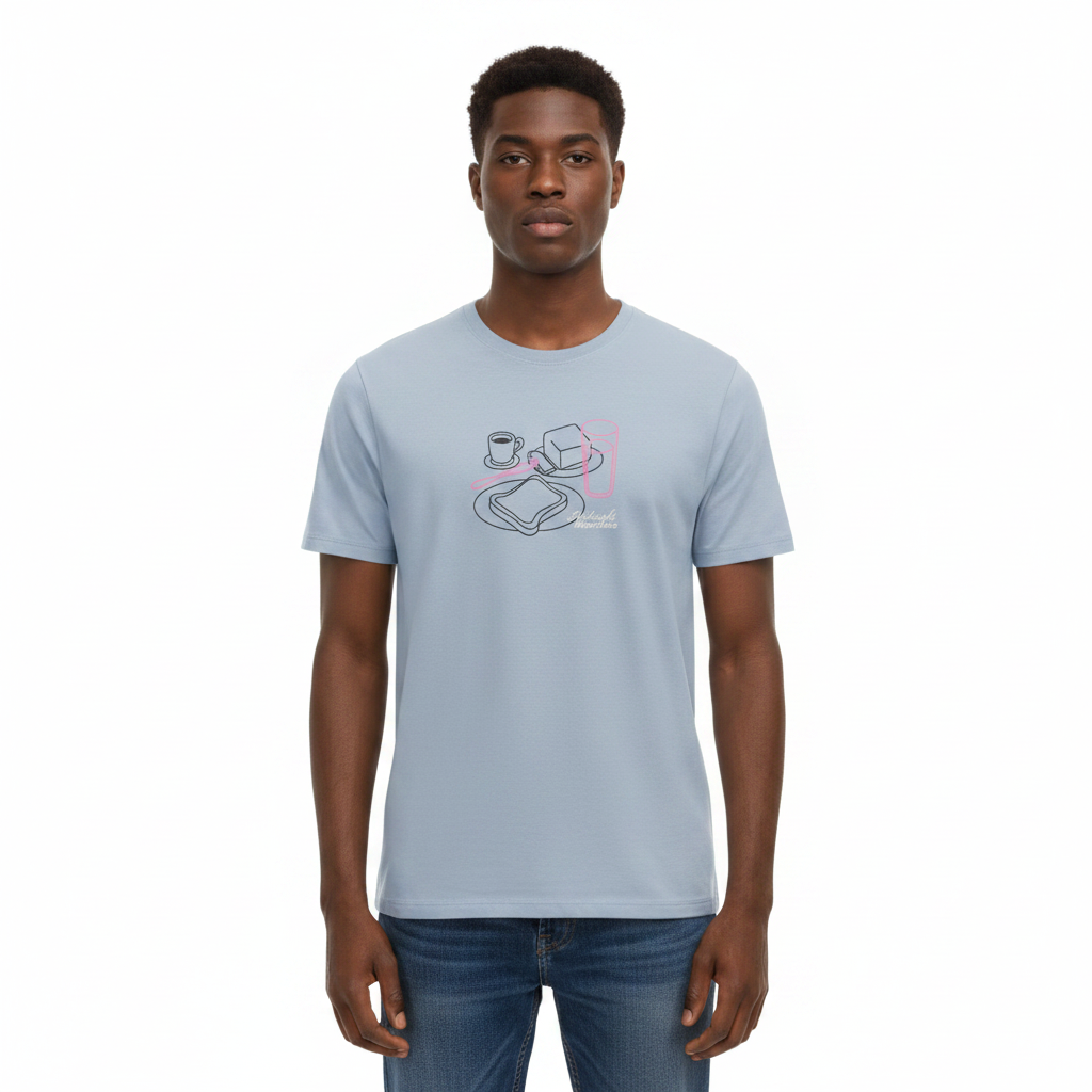 Young Nigerian male wearing powder blue Midnight Munchies line art graphic crew neck tee