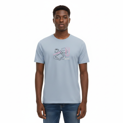 Young Nigerian male wearing powder blue Midnight Munchies line art graphic crew neck tee