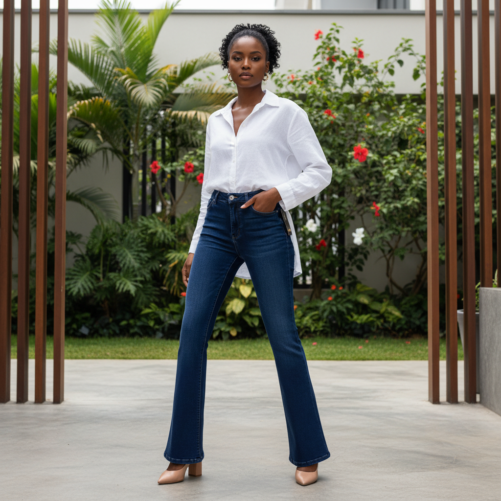 High-Waist Dark Blue Bootcut Jeans - Model Front View