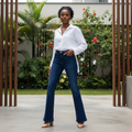 High-Waist Dark Blue Bootcut Jeans - Model Front View