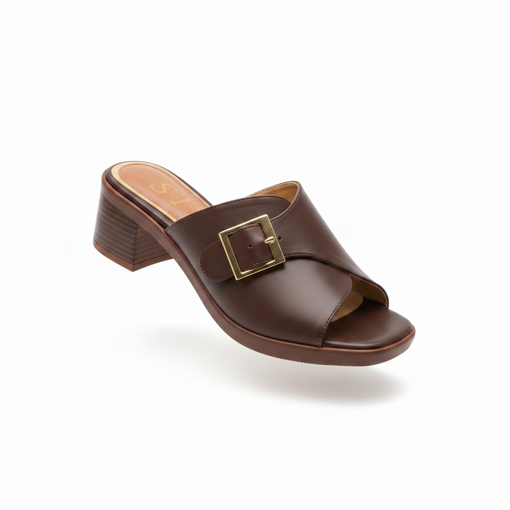 Women's Dark Brown Leather Square Buckle Block Heel Mule - Ghost Mannequin