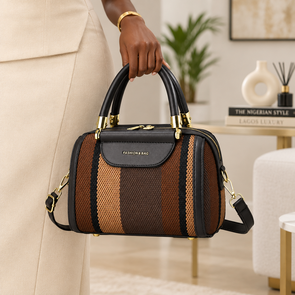 Black Nigerian woman's hand holding a brown and black woven-look satchel