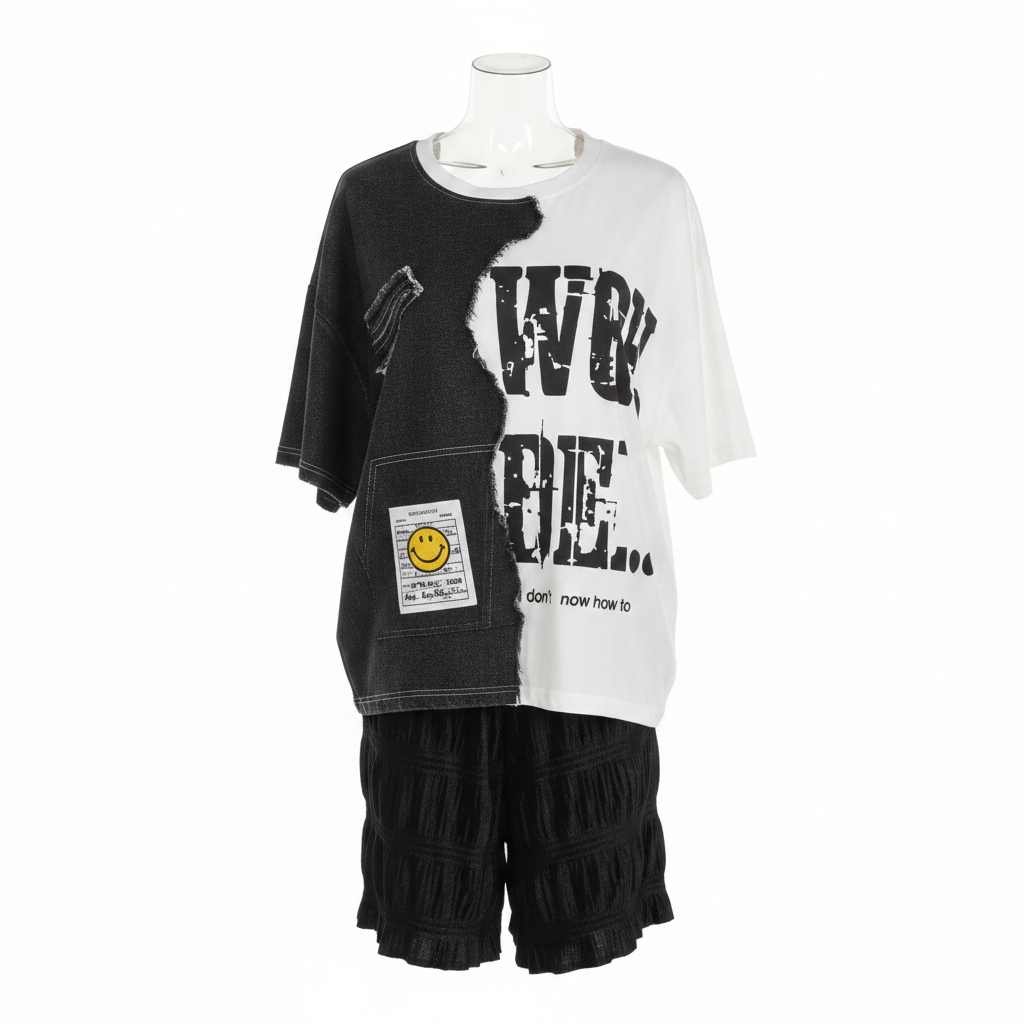 Black White Colourblock Smiley Slogan Top & Shorts Set - Ghost Mannequin Front View