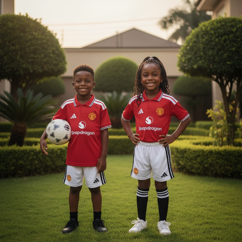 Nigerian boy and girl models wearing red polo collar children's football kit in upscale compound garden