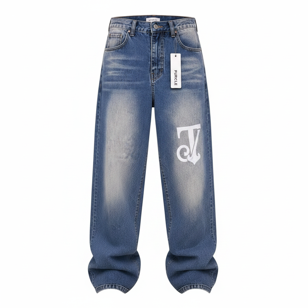 Men's wide-leg blue denim jeans with white graphic knee print, ghost mannequin front view