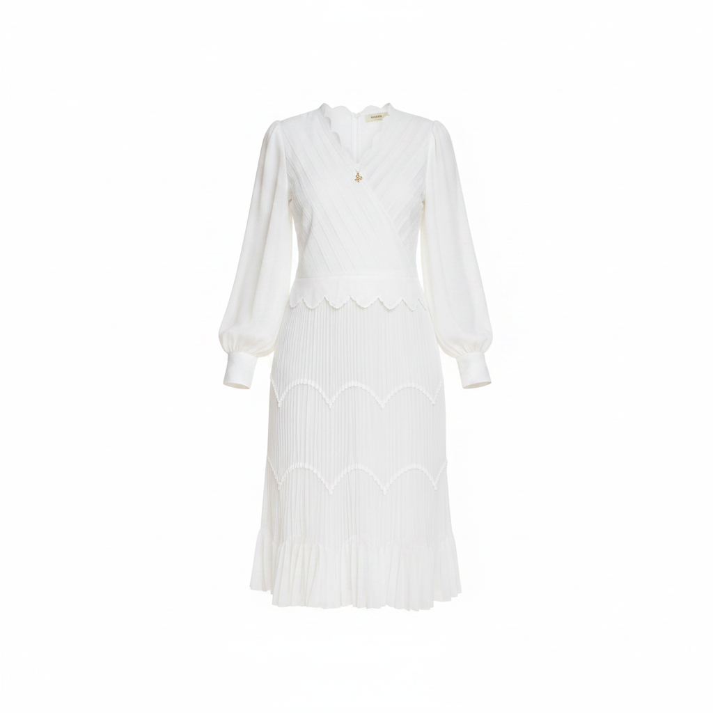 Ghost mannequin white scallop-edge pleated midi dress set