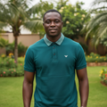 Nigerian male model wearing teal polo shirt with geometric collar in garden setting