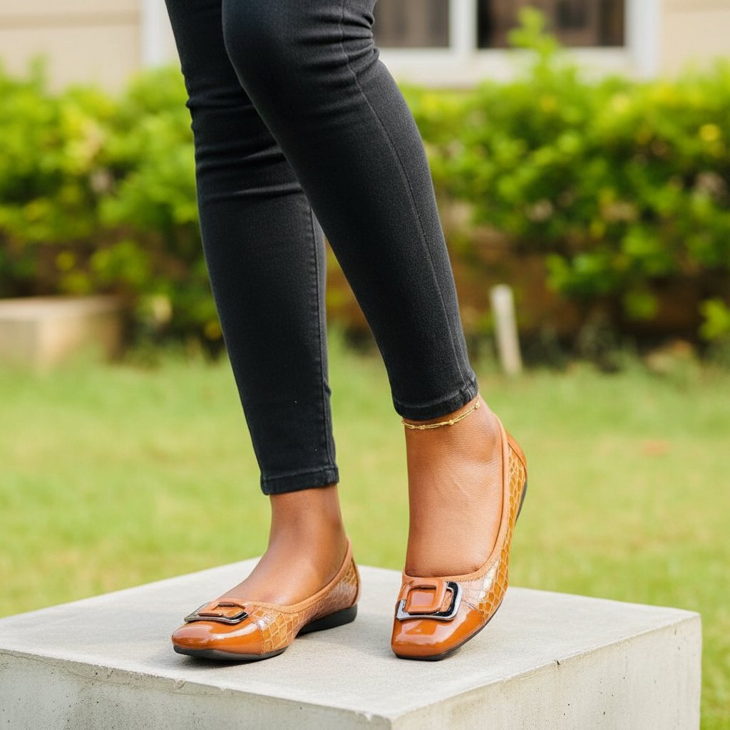 Women's caramel tan patent croc flat pumps – Nigerian female model leg shot