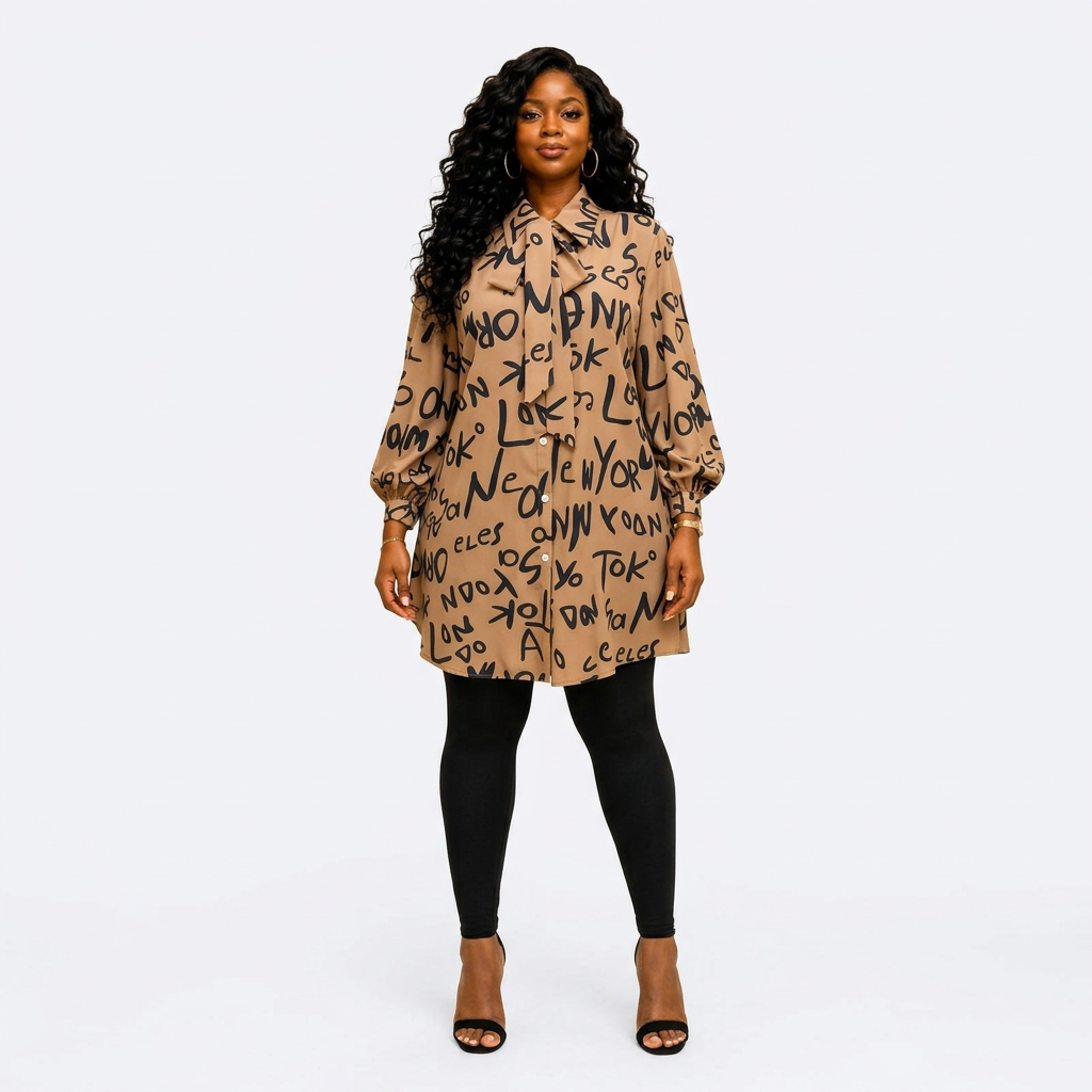 Full-body adult Black woman wearing a beige letter-print tie-neck shirt