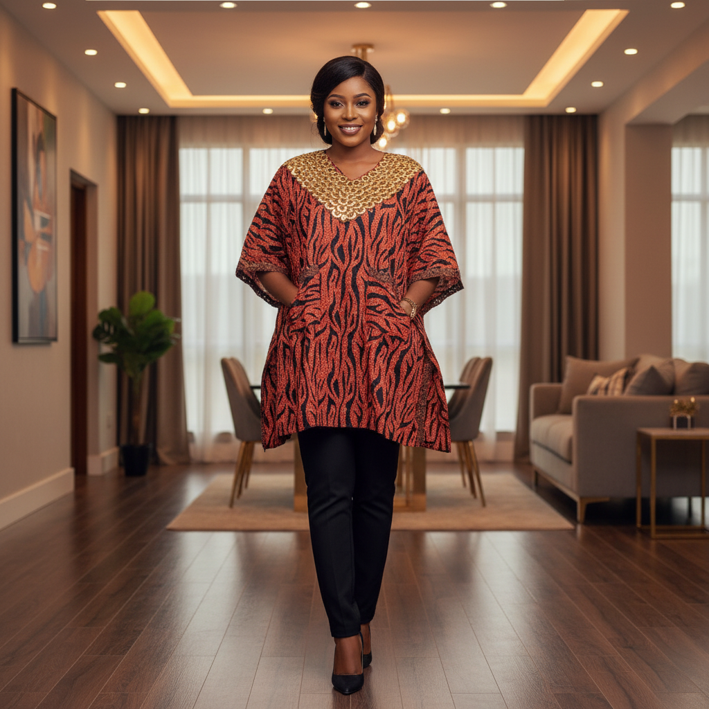 Copper Glitter Zebra Print Kaftan Gold Coin V-Neckline – Model Shot