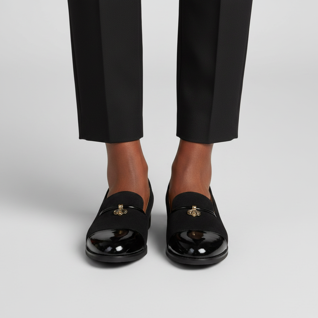 Women's Two-Tone Suede & Patent Loafer - Black Model Editorial Leg Zoom