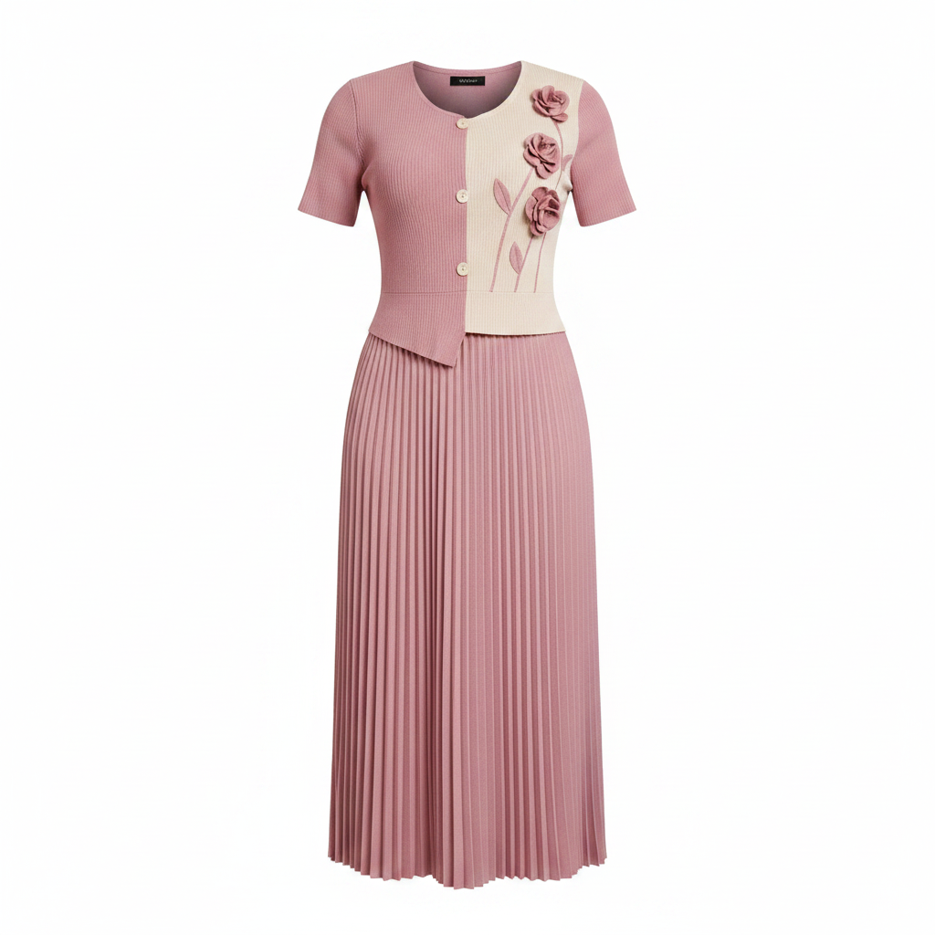 Women's dusty pink cream 3D rose appliqué straight midi dress ghost mannequin front view