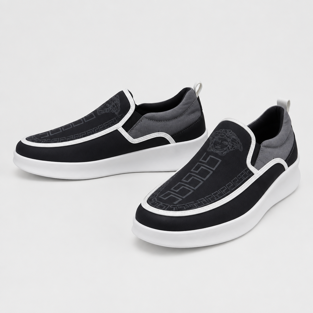Black-and-grey patterned slip-on loafers, pair views