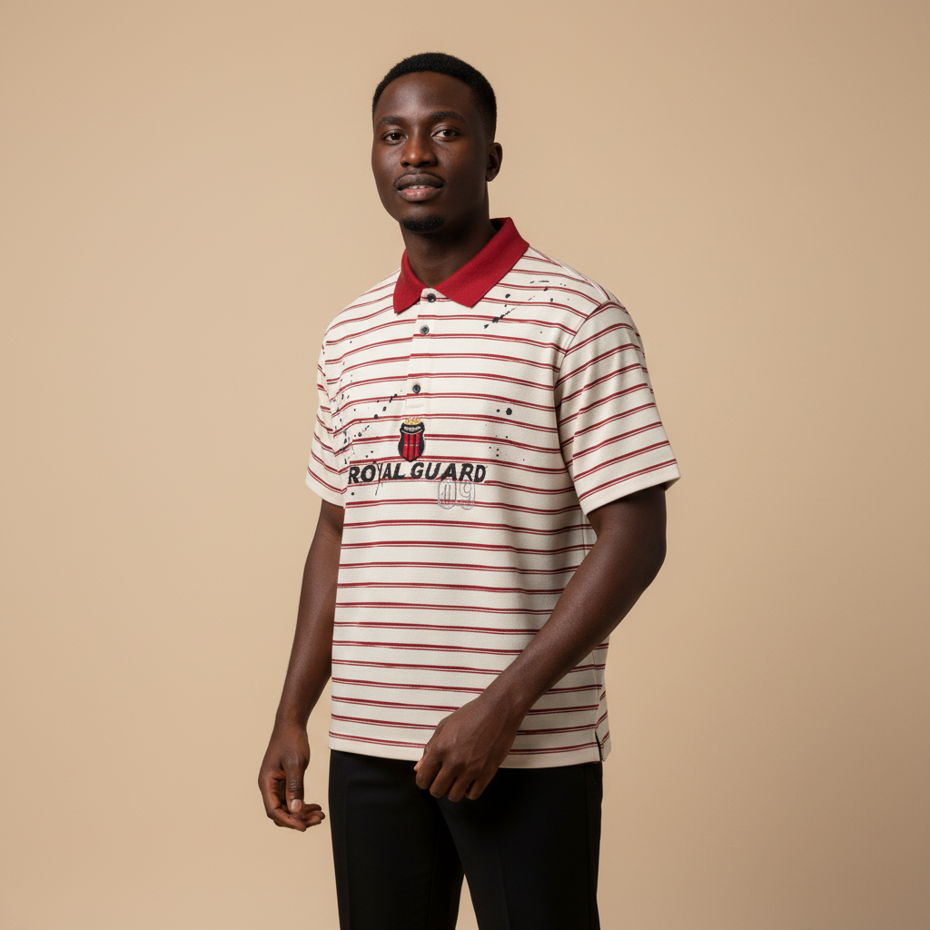 Man wearing cream and red striped polo shirt with black trousers