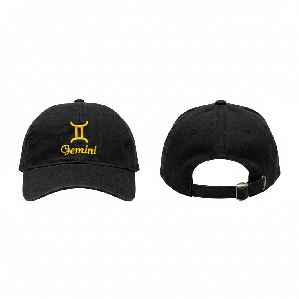 Gemini zodiac embroidered dad cap black with yellow embroidery ghost mannequin front and side view