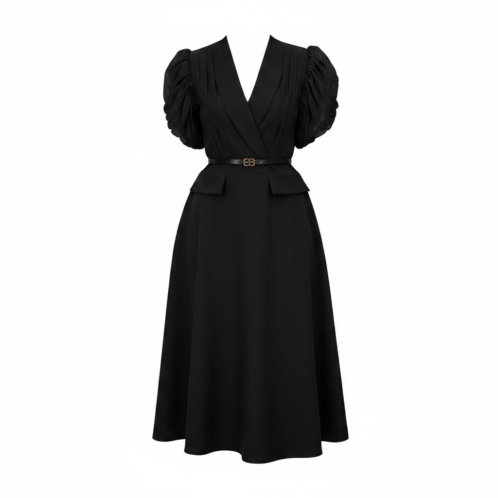 Women's puff-sleeve belted A-line midi dress in black – ghost mannequin front view