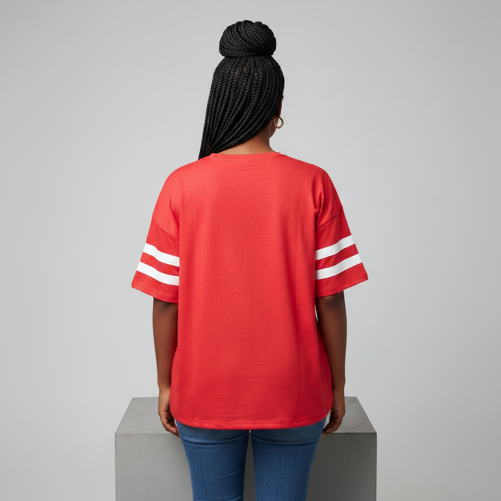 Nigerian female model back view - red Sunny cartoon graphic top