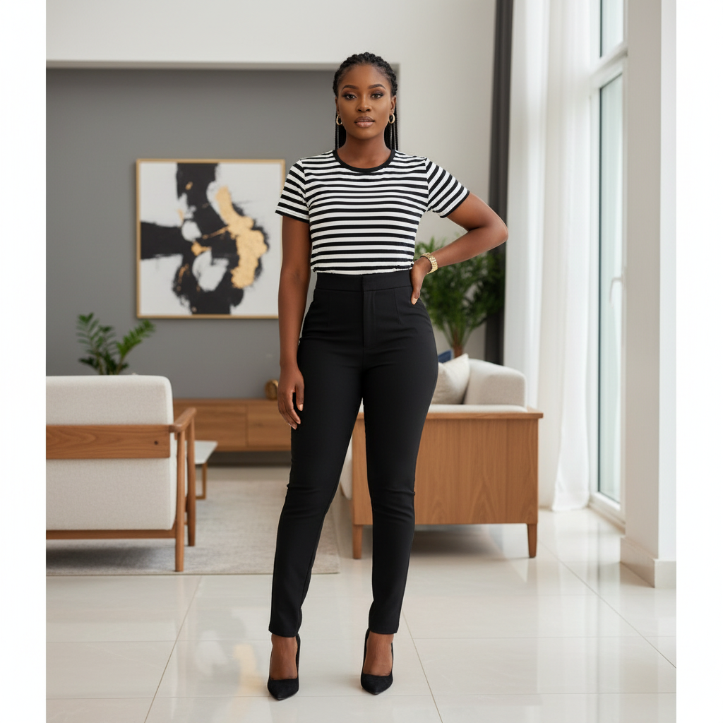 Black White Striped Fitted Crew Tee - Front Model